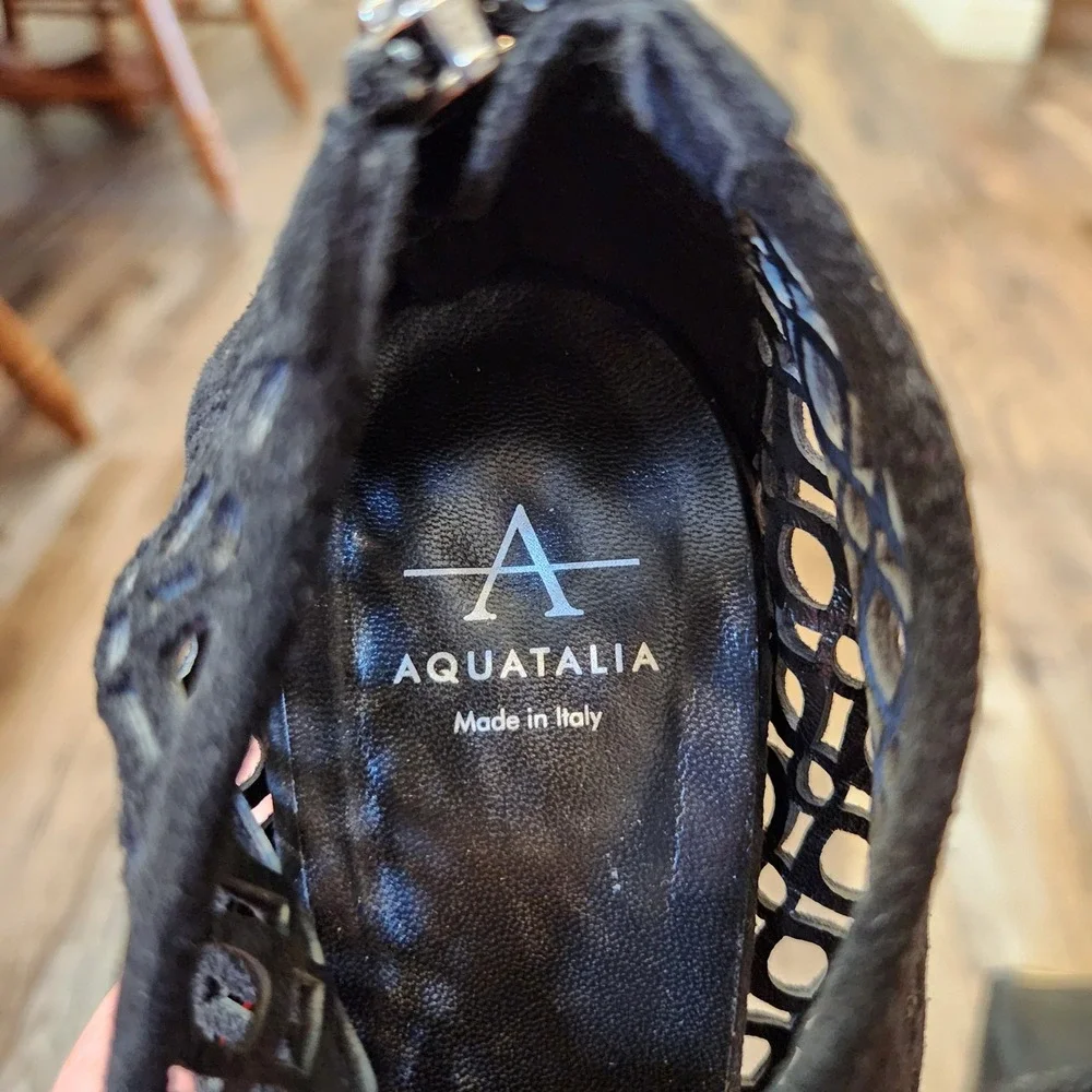 Aquatalia Black Suede Laser Cut Peep Toe Wedge Sandals Made in Italy Size 7